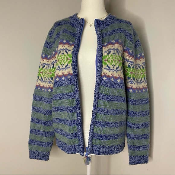 Woolrich Wool Blend Zip Up Cardigan Sweater Blue Green Pink Size M/L Jacket - Picture 3 of 9